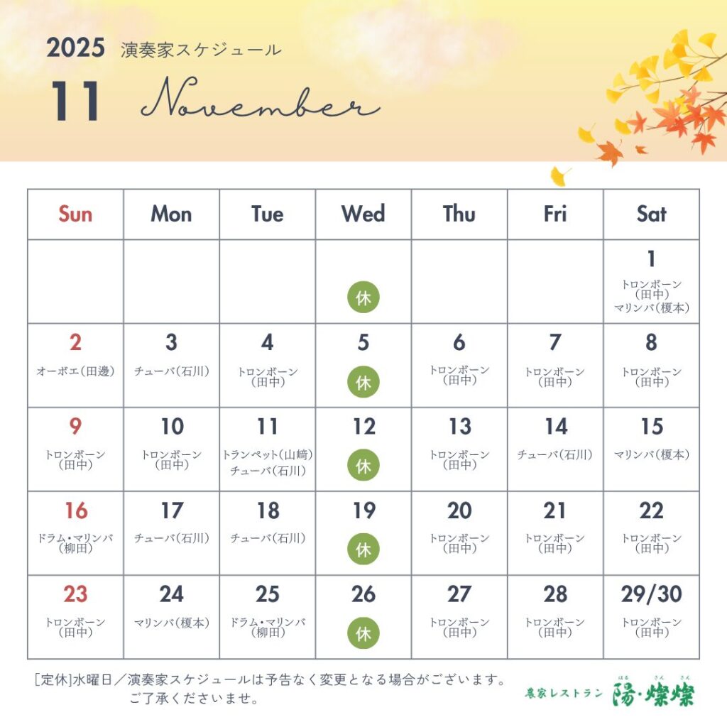 【11月生演奏】演奏スケジュールのご案内